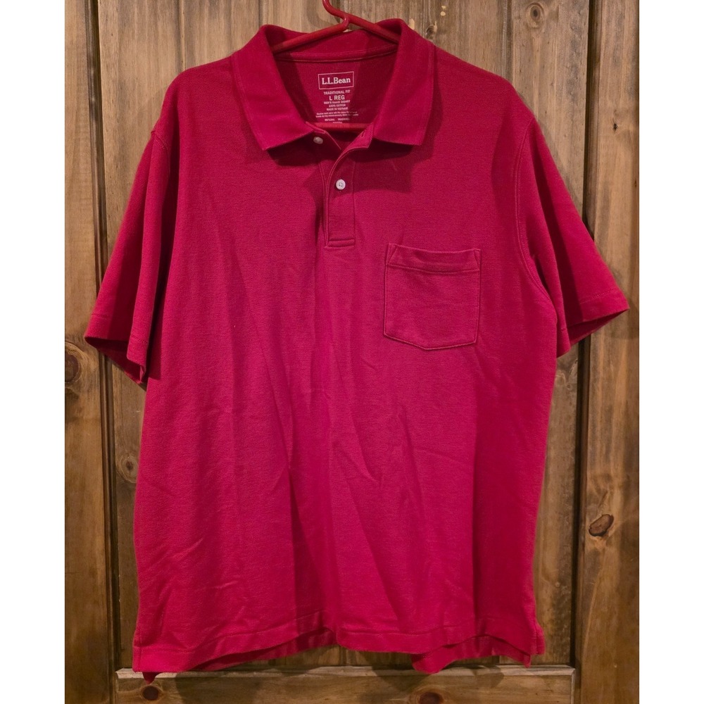 LL Bean Traditional Fit Polo Shirt Mens L Red Short Sleeve Pocket Outdoor Preppy